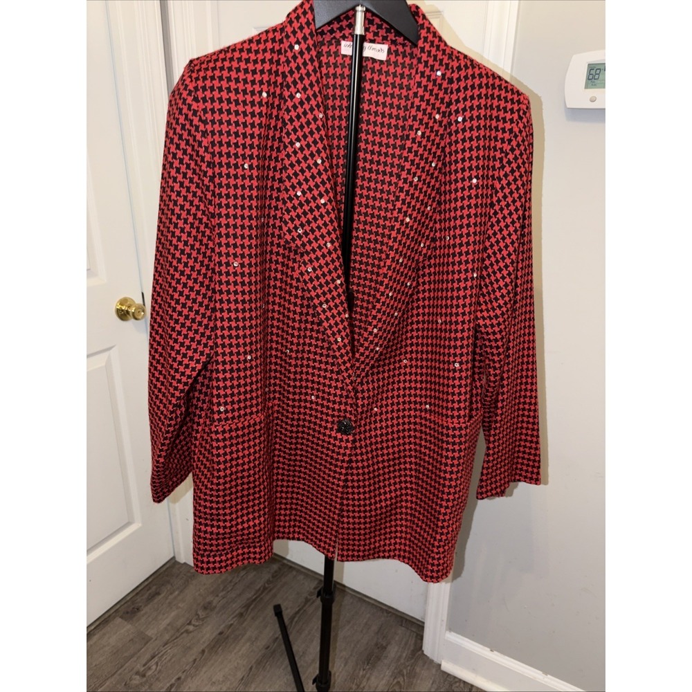 Intriguing Threads Vintage Blazer 80s Red Black Houndstooth Sequin Academia Bold